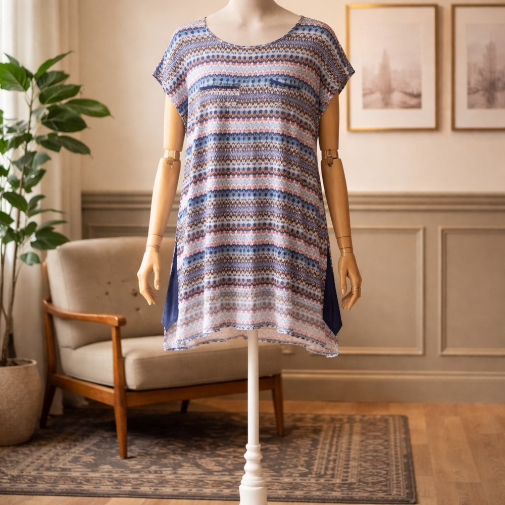 Ellen Tracy Blue Multi-Stripe Short-Sleeve Tunic